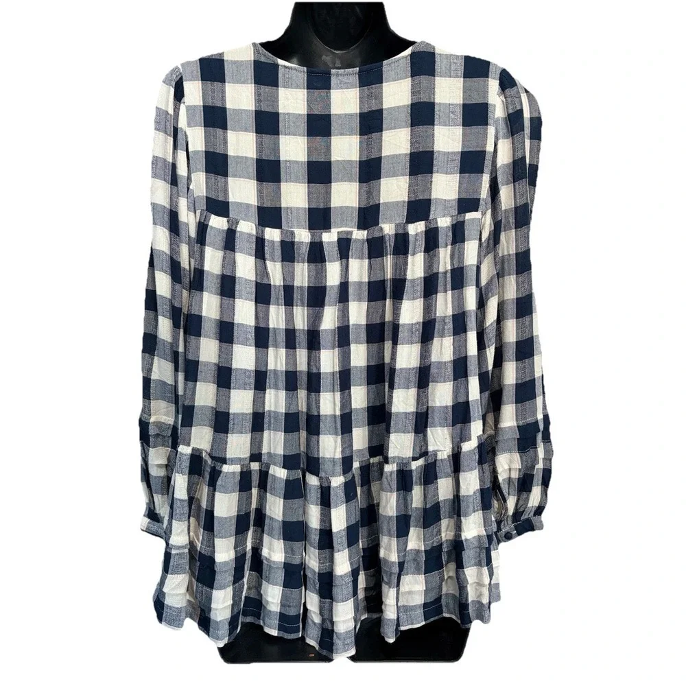 American Eagle Blue/White Plaid Buttons Tiered Long Sleeve Size‎ S Flowy Ruffles